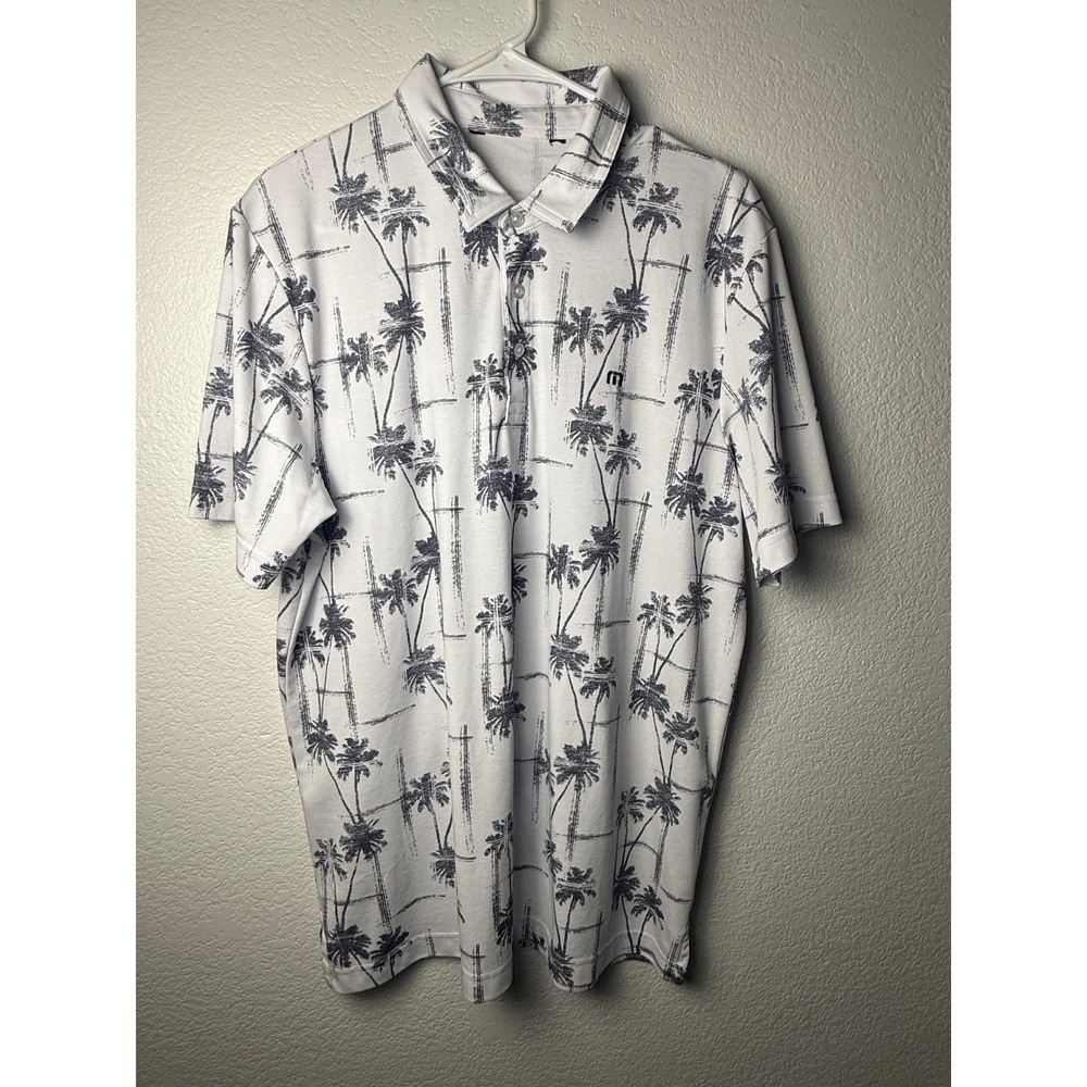 TravisMathew Mens Large White Palm Tree Print Pique Golf Polo Shirt Short Sleeve